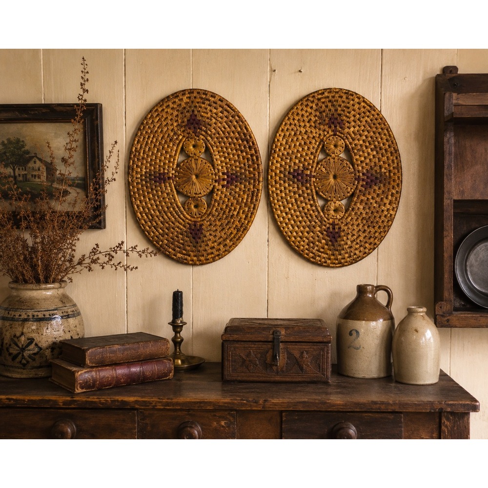 Set of 2 Vintage Wicker Wall Art Oval Woven Baskets Primitive Farmhouse Decor